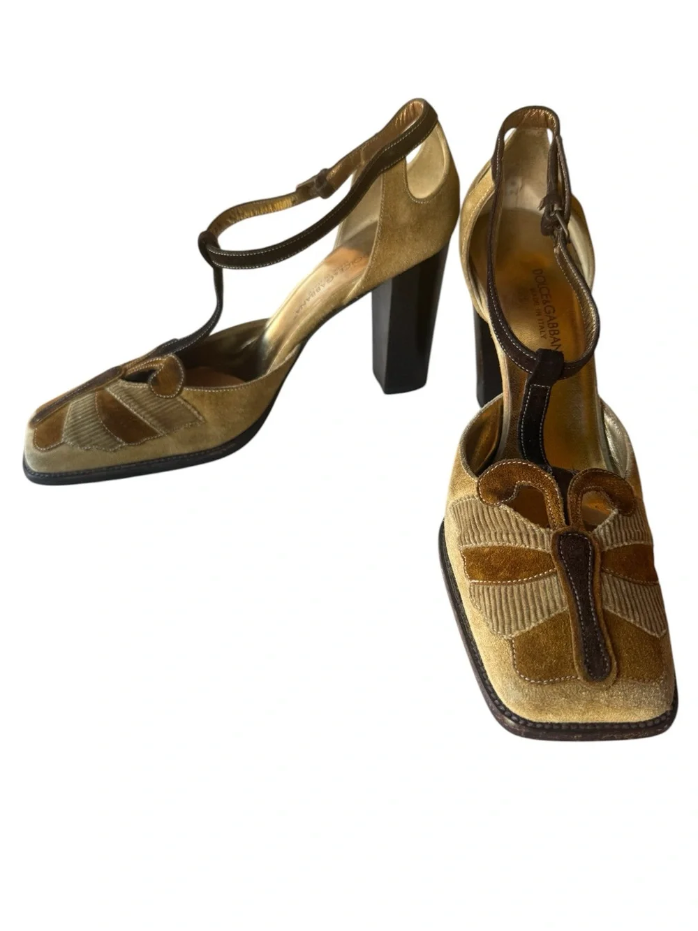 Vintage 90’s Dolce & Gabbana Suede/ Cord T-Strap Butterfly Block Heel Pumps 38.5
